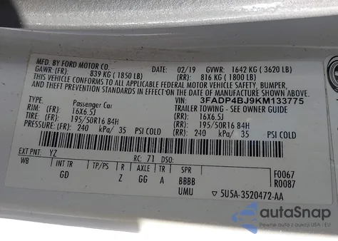 2019 Ford Fiesta Se z USA, uszkodzony, nr VIN 3FADP4BJ9KM133775